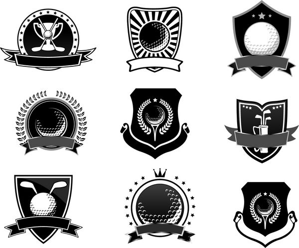 مجموعه نمادها و نمادهای ورزش گلف سبک هرالدیک برای مسابقات یا طراحی لوگو