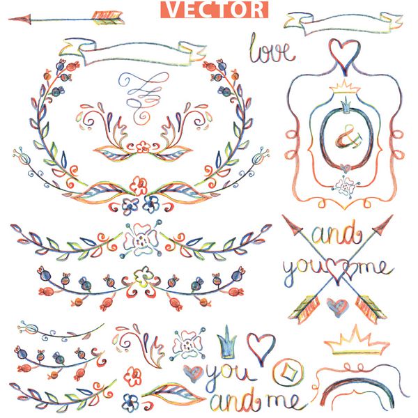 حاشیه ابله رنگی قاب مجموعه عناصر دکور گلدار آبرنگ مداد طراحی شده برای الگوی طراحیدعوتنامهکارت برای عروسی روز تعطیلات عید پاک تولد وکتور عشق