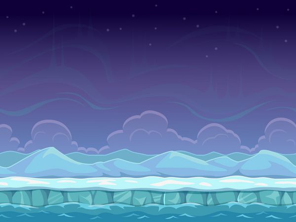 کارتون یکپارچه چشم انداز قطبی پس زمینه بی پایان با یخ تپه های برفی و لایه های آسمان ابری