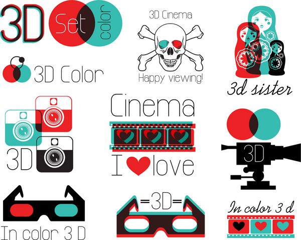 نمادهای مجموعه وکتور عینک سینمای سه بعدی