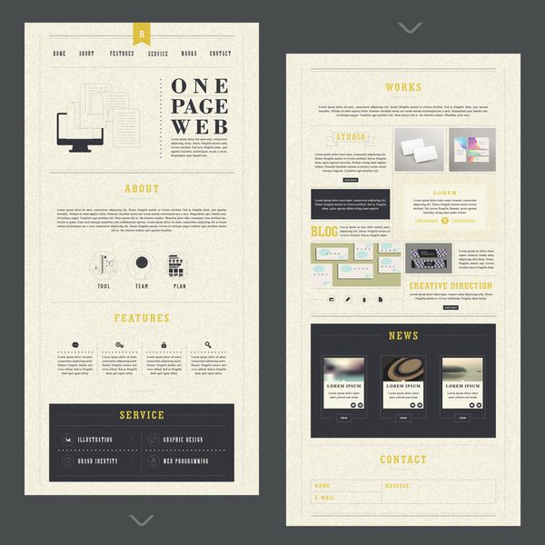 طراحی قالب وب سایت یک صفحه ای رترو با بافت کاغذی