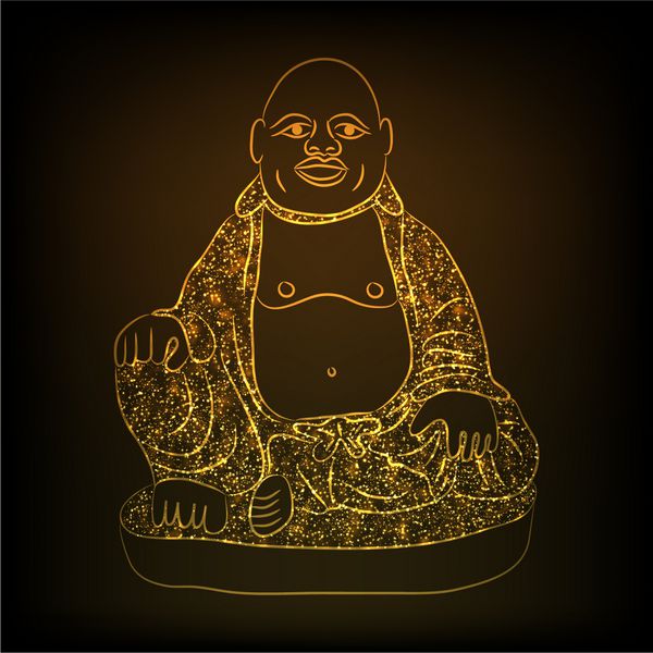 بودای خندان طلایی براق با لباس های سنتی در زمینه قهوه ای