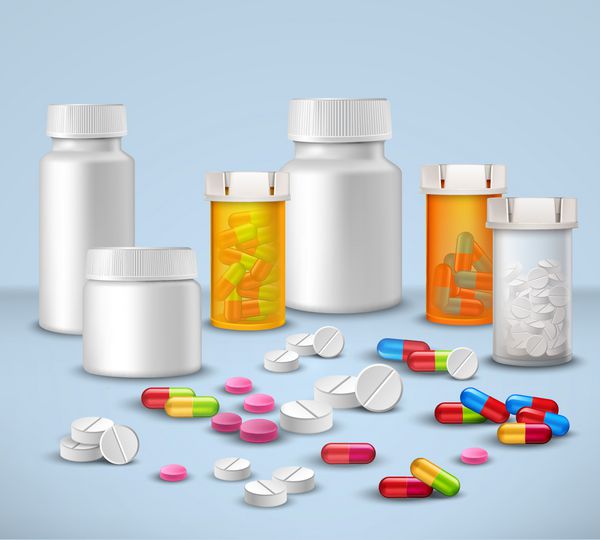قرص قرص و دارو در بسته بندی بطری های پلاستیکی آیکون های تزئینی مجموعه وکتور