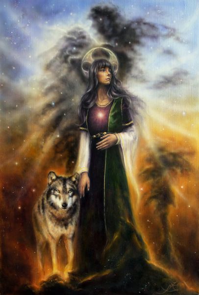 یک نقاشی رنگ روغن زیبا روی بوم از یک کشیش پری عرفانی با یک گرگ در کنار پرتره نمایه اش