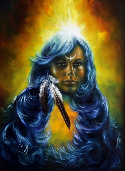 نقاشی رنگ روغن زیبای یک زن روی بوم با پر و پس زمینه عرفانی و نمای زیبای موی آبی پرتره تماس چشمی میکاپ آرتیست