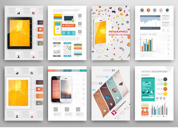 مجموعه ای از بروشور قالب های طراحی بروشور پس زمینه های مدرن انتزاعی مثلثی هندسی مفهوم اینفوگرافیک فناوری‌های موبایل اپلیکیشن‌ها و خدمات آنلاین مجموعه قالب های جلد a4