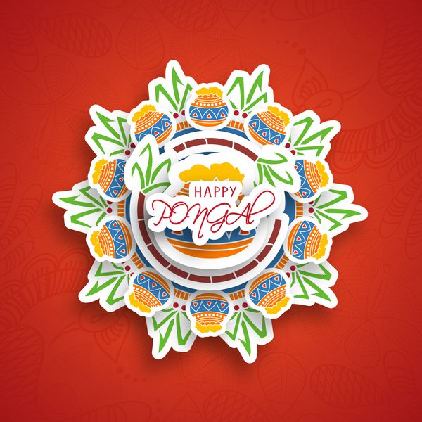 طراحی چسبناک زیبا با گلدان گل و نیشکر برای جشنواره برداشت هند جنوبی جشن های شاد پونگال در زمینه قرمز روشن