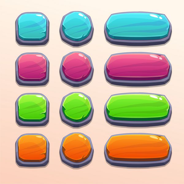 مجموعه ای از دکمه های خنده دار روشن با اشکال و رنگ های مختلف عناصر سنگی زیبا برای طراحی رابط کاربری وب یا بازی