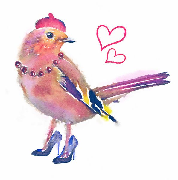 تی شرت پرنده زیبای دختر شاهزاده خانم کارت دعوت پرنده صورتی با آبرنگ نقاشی شده با پرنده رنگی آبرنگ روشن با پس زمینه تصویر پرنده دختر فرانسوی