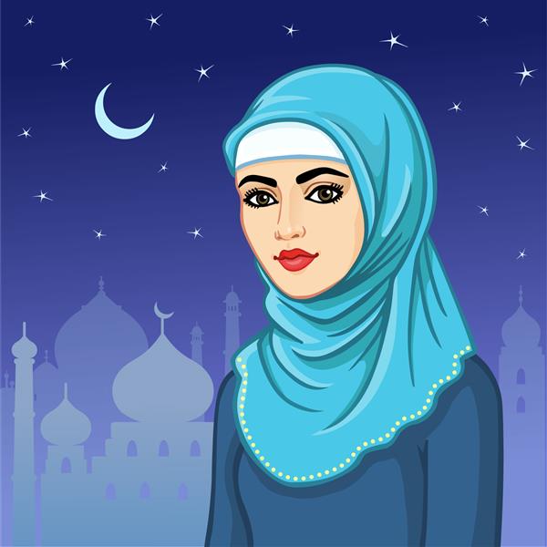 پرتره متحرک زن مسلمان با حجاب در پس زمینه شهر شبانه