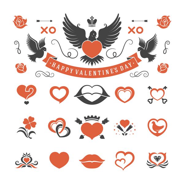 مجموعه نمادها و وکتور اشیاء وینتیج روز و عروسی قلب برچسب عشق فلش گل روبان و نماد عناصر طراحی برداری