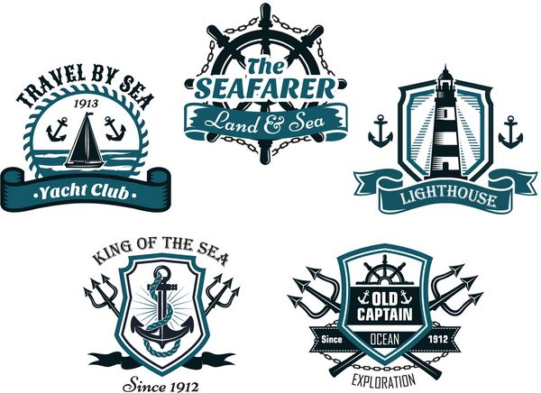 طرح‌های نمادها و نمادهای مختلف هرالدیک دریایی با سفر از طریق دریا باشگاه قایق‌رانی دریانورد فانوس دریایی پادشاه دریا و عناصر نشان کاپیتان قدیمی