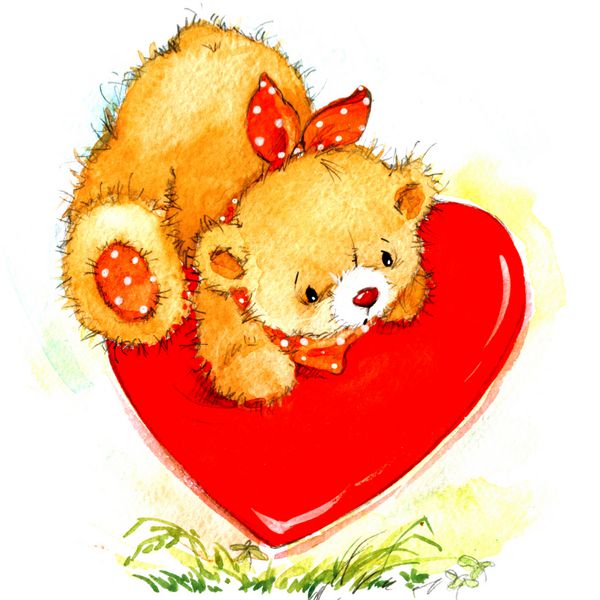 روز پس زمینه کارت با یک خرس عروسکی زیبا و قلب قرمز نقاشی آبرنگ