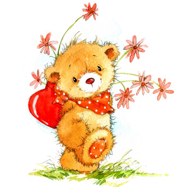 روز پس زمینه کارت با یک خرس عروسکی زیبا و قلب قرمز نقاشی آبرنگ