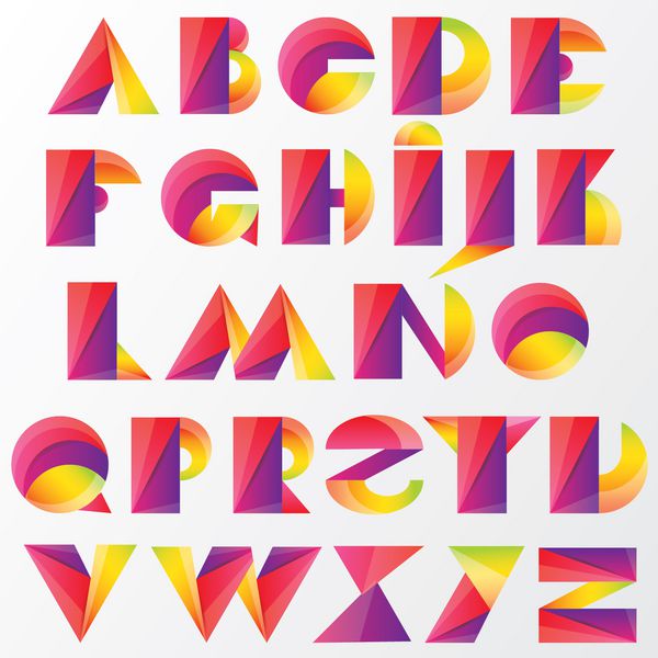 حروف الفبای پررنگ انتزاعی رنگارنگ شکل های روی هم قرار گرفته اند