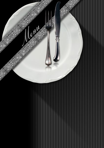 طراحی منوی رستوران منوی رستوران با بشقاب خالی و کارد و چنگال چنگال و چاقو در زمینه مشکی و خاکستری با نوارهای نقره ای مورب و منوی نوشته شده