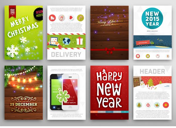 مجموعه پوسترهای کریسمس چراغ های کریسمس پس زمینه چوب آیکون های تلفن همراه مفهوم خدمات تحویل مجموعه آیکون های کریسمس برای تزئینات وب سایت کریسمس برچسب ها و برچسب ها وکتور
