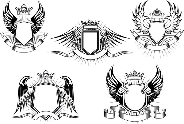 نشان سلطنتی هرالدیک و سپر با تاج‌های مزین بال‌ها بنرهای روبانی و پرتوهای نور در زمینه سفید