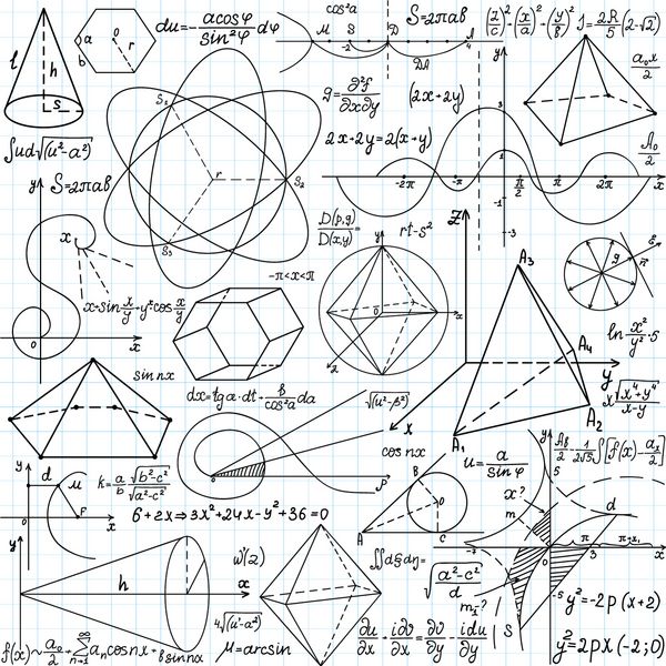 الگوی بدون درز وکتور زیبا با ارقام ریاضی محاسبات و نمودارها دست نوشته روی کاغذ کپی