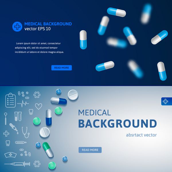 مجموعه ای از بنرهای پزشکی آبی با قرص و نمادهای دارویی پس زمینه وکتور واقعی برای وب سایت ها و تبلیغات