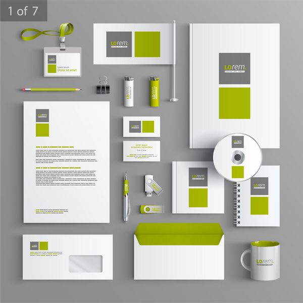 طرح قالب لوازم التحریر سفید با عناصر مربع سبز و خاکستری اسناد برای تجارت