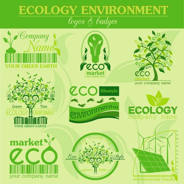 مجموعه ای از لوگوهای اکولوژی محیط زیست و بازیافت وکتور الگوها و نشان ها