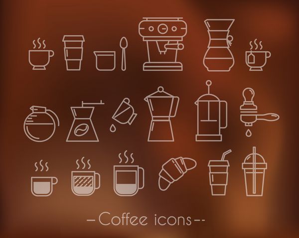 خطوط اجرای آیکون های قهوه در فنجان قهوه نماد به سبک مینیمالیستی قهوه پرس فرنچ فنجان های پلاستیکی در پس زمینه قهوه ای