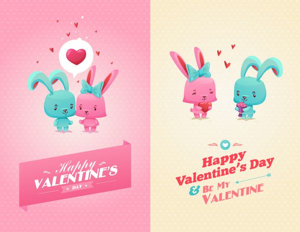 زوج عاشق مجموعه ای از عکس های خنده دار خرگوش های شاد ایده برای کارت تبریک با جشن عروسی یا روز مبارک وکتور کارتونی