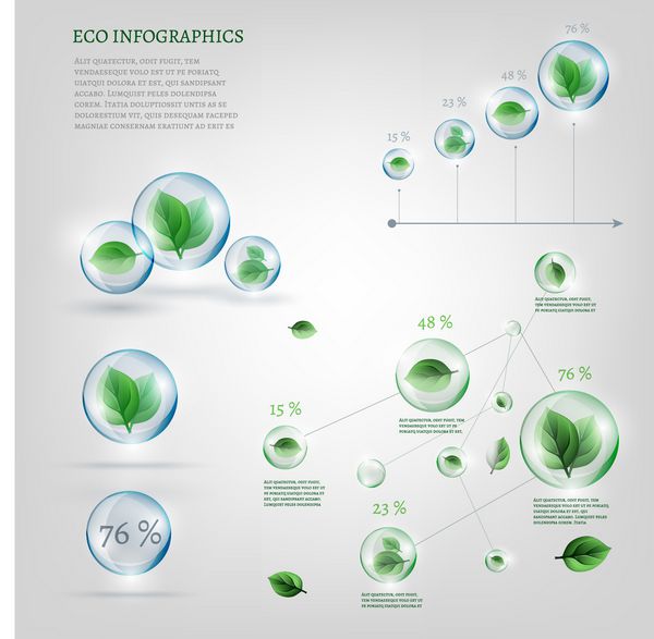تصویر اینفوگرافیک های زیستی با برگ های سبز در حباب های شفاف مجموعه اکولوژی
