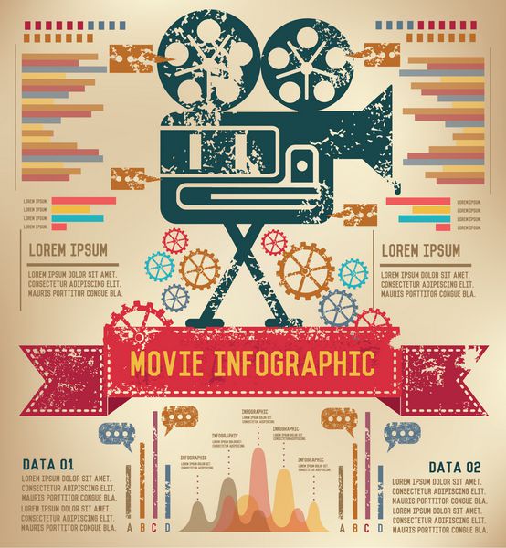 طراحی گرافیکی اطلاعات مفهومی فیلم بر روی کاغذ قدیمی وکتور گرانج