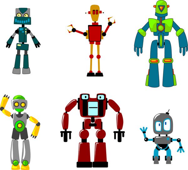 شش ربات کارتونی خنده دار رنگارنگ ماموران با هوش مصنوعی جدا شده روی سفید