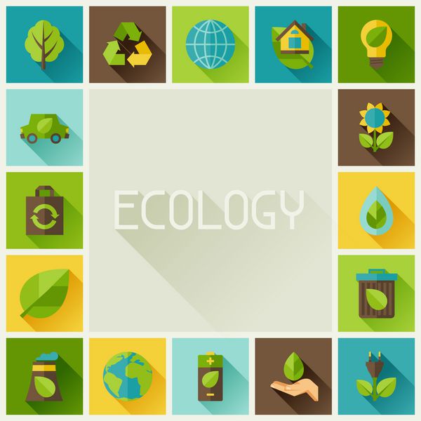 قاب اکولوژی با نمادهای محیط زیست انرژی سبز و آلودگی