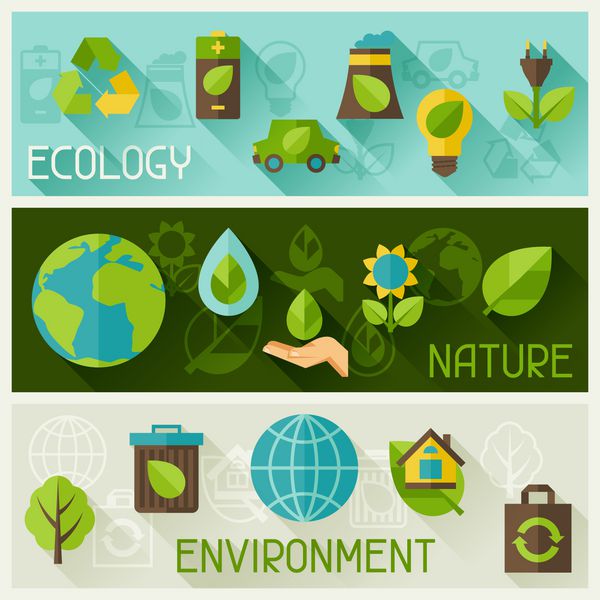 بنرهای اکولوژی با نمادهای محیط زیست انرژی سبز و آلودگی