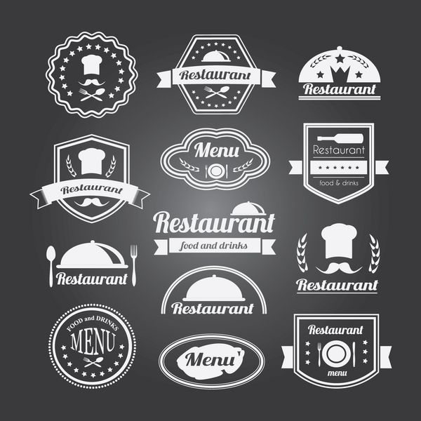 مجموعه نشان ها یا لوگوتایپ های رستوران رترو عناصر طراحی برداری علائم تجاری لوگوها هویت برچسب ها نشان ها و اشیاء