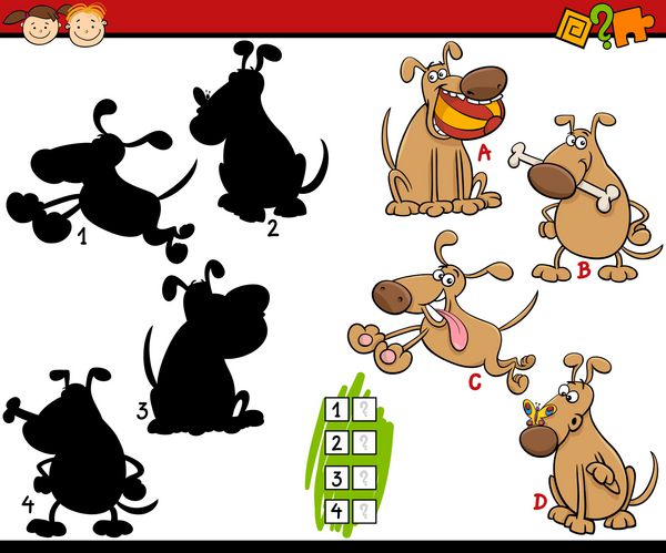تصویر وکتور کارتونی بازی تطبیق سایه آموزش برای کودکان پیش دبستانی