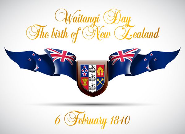 وکتور بنر جشن با پرچم های نیوزیلند و کتیبه روز انتظار تولد نیوزیلند 6 فوریه 1840