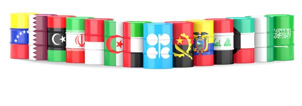 پرچم های سازمان کشورهای صادرکننده نفت در یک ردیف نفت پیچیده شده است