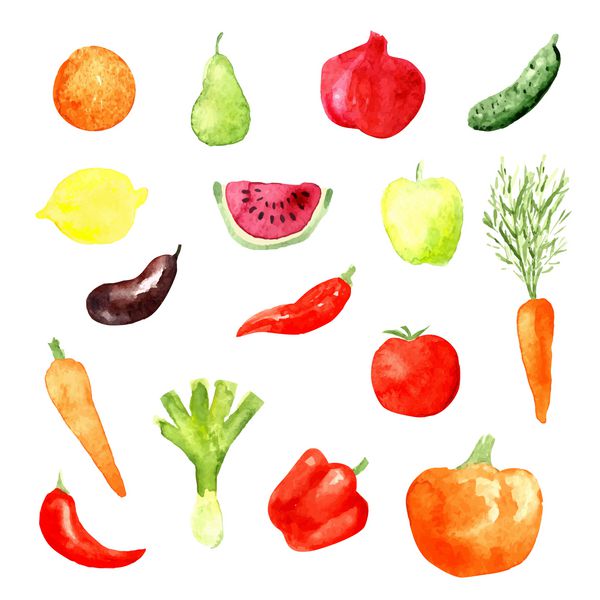 نمادهای آبرنگ میوه و سبزیجات تصاویر وکتور بادمجان هویج خیار هندوانه