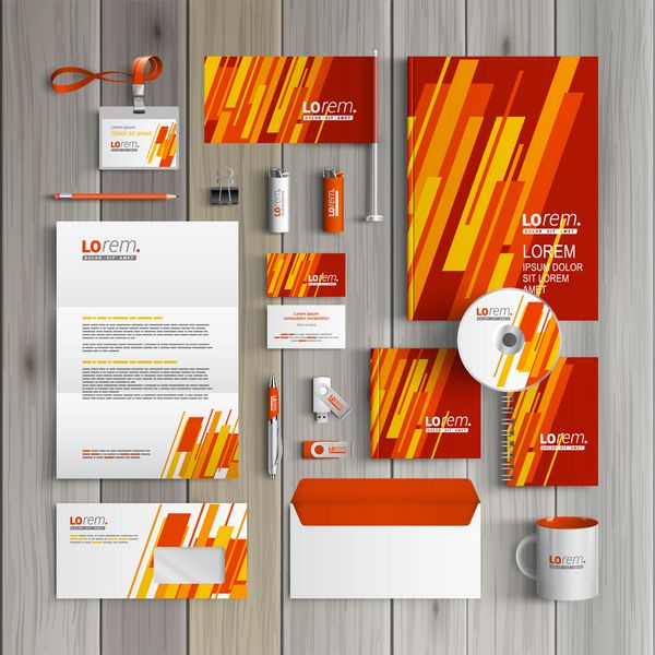 طراحی قالب هویت شرکتی قرمز با اشکال مورب زرد و نارنجی لوازم التحریر تجاری