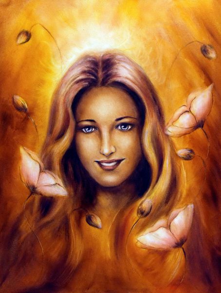 نقاشی رنگ روغن زیبا از زن الهه پری بهاری دلربا با پرتره پروفایل گل