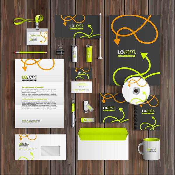 طراحی قالب هویت شرکتی مشکی با فلش های سبز و نارنجی لوازم التحریر تجاری