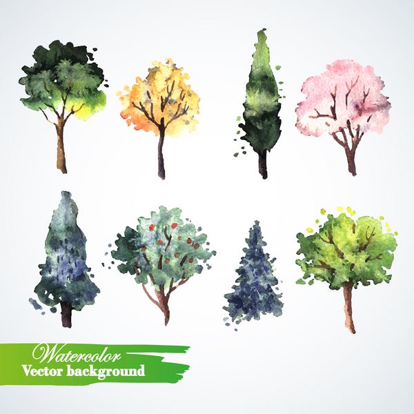 مجموعه ای از درختان آبرنگ نقاشی با دست آبرنگ تصویرسازی برای کارت های تبریک دعوت نامه ها و سایر پروژه های چاپ