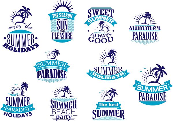 نمادها و لوگوی تعطیلات تابستانی به رنگ آبی با ساحل طلوع خورشید درخت نخل و موج برای طراحی سفر یا اوقات فراغت