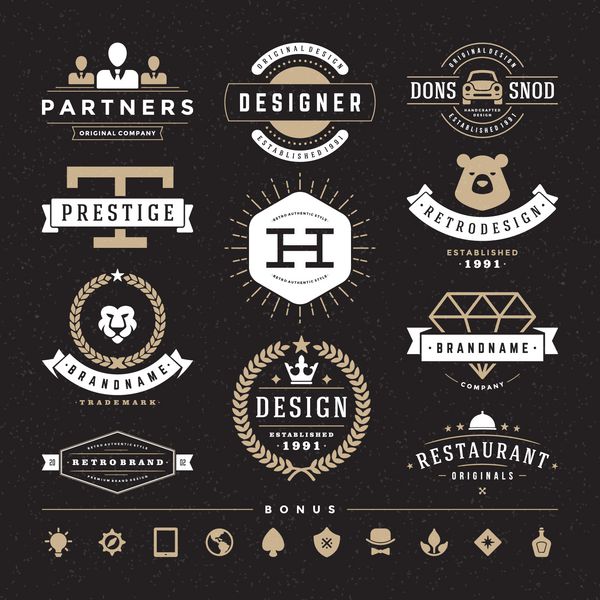 مجموعه ای از نشانه ها یا لوگوتایپ های قدیمی رترو عناصر طراحی برداری علائم تجاری لوگوها هویت برچسب ها نشان ها و اشیاء