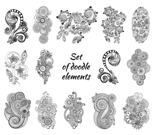 مجموعه ای از حنا پیزلی mehndi doodles انتزاعی وکتور گل عنصر طراحی تصویر نسخه سیاه و سفید