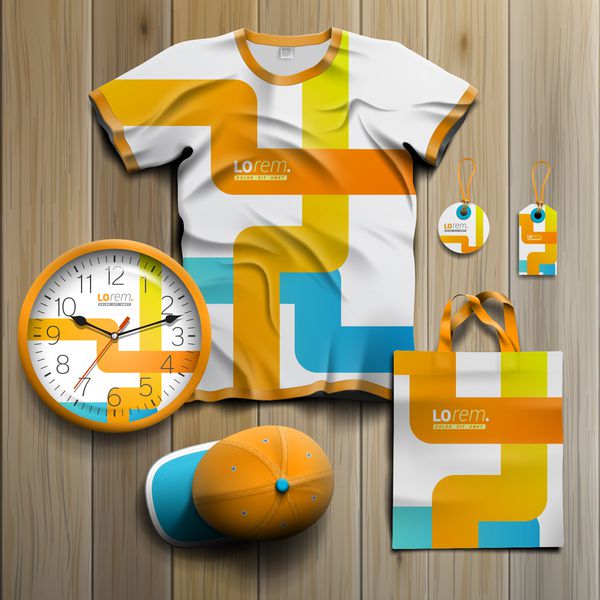 طراحی سوغاتی تبلیغاتی خلاقانه سفید برای هویت سازمانی با عناصر هنری آبی و نارنجی مجموعه لوازم التحریر
