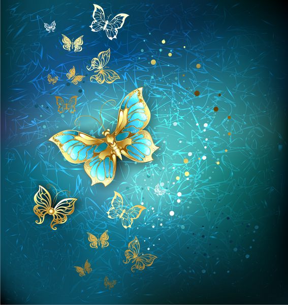 پروانه های طلایی لوکس در زمینه بافت آبی