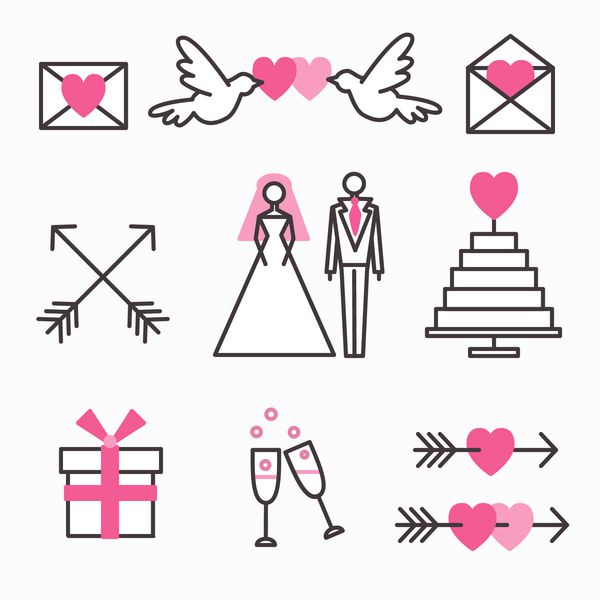 مجموعه وکتور آیکون های عروسی و عشق برای طرح شما دکوراسیون برای دعوت عروسی کارت روز