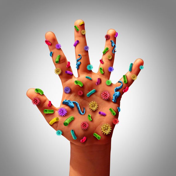 گسترش بیماری میکروب های دست و خطرات انتشار بیماری در ملاء عام به عنوان یک مفهوم خطر بهداشتی برای نشویید دست ها به عنوان انگشتان و کف دست آلوده آلوده با ویروس ها و باکتری های میکروسکوپی