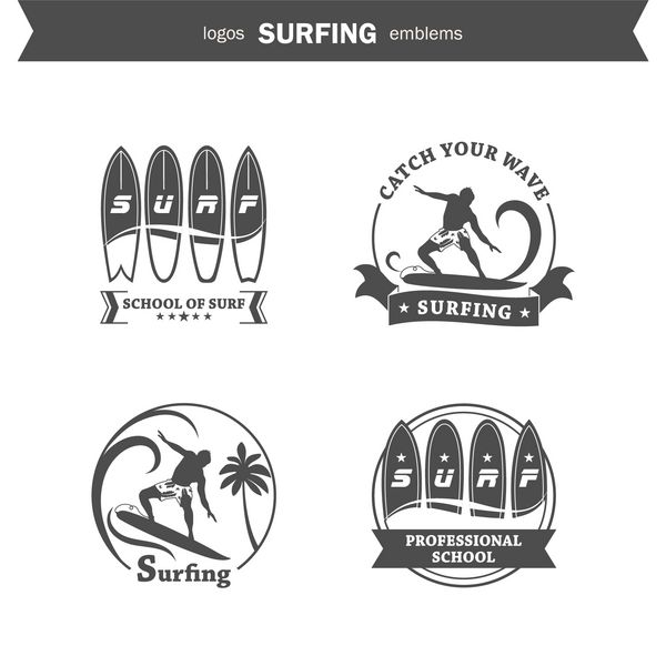مجموعه ای از لوگوها نمادها و عناصر طراحی موج سواری